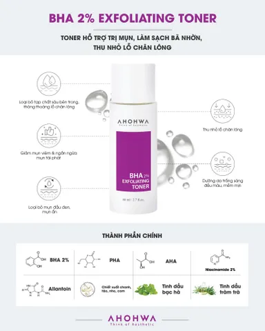 Toner AHOHWA BHA 2% Exfoliating hỗ trợ giảm mụn, làm sạch bã nhờn 80ml [hàng nhập khẩu]
