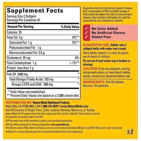 Nature Made Fish Oil 2400mg 134 Viên - Omega 3++ 720mg
