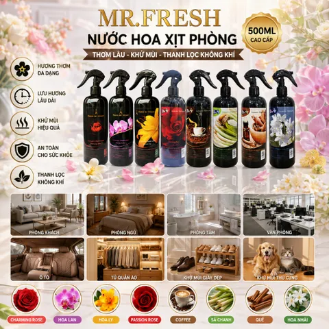 [HƯƠNG HOA THIÊN NHIÊN] Nước hoa xịt phòng KHỬ MÙI Mr.fresh 500ml Hương Hồng