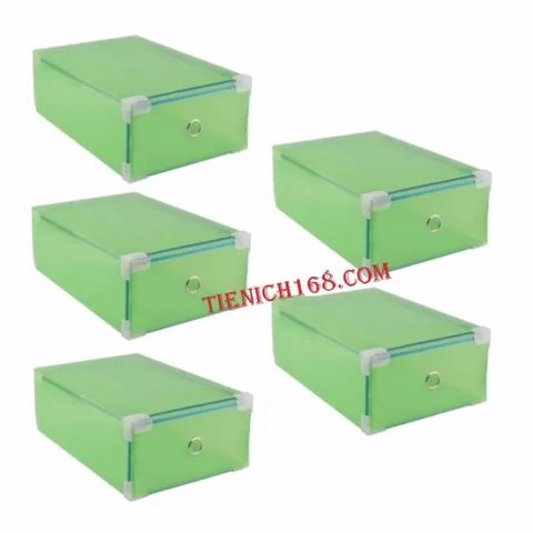 [HOT] Bộ 5 Hộp Đựng Giày Trong Suốt Có Ngăn Kéo Viền Kim Loại TI735 ( Xanh Lá)