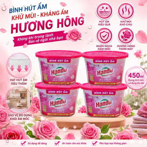 🌹BỘ 4 BÌNH HÚT ẨM HANDO HƯƠNG HỒNG 450ML – HÚT ẨM HIỆU QUẢ, KHỬ MÙI NẤM MỐC, HƯƠNG HỒNG THƠM MÁT
