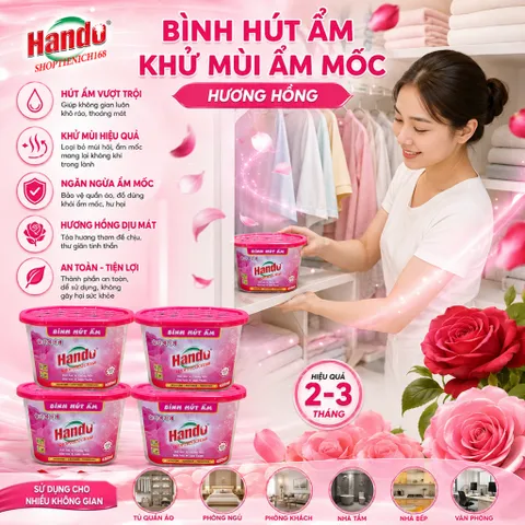 🌹BỘ 4 BÌNH HÚT ẨM HANDO HƯƠNG HỒNG 450ML – HÚT ẨM HIỆU QUẢ, KHỬ MÙI NẤM MỐC, HƯƠNG HỒNG THƠM MÁT