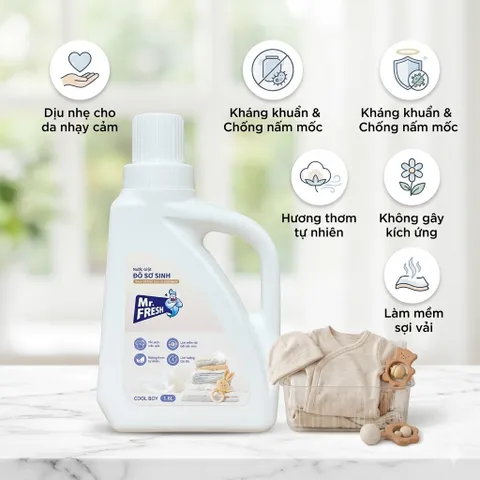 🌟 Nước Giặt Đồ Sơ Sinh Mr. Fresh 1.6L Cool Boy  - An Toàn Cho Bé, Dịu Nhẹ Cho Da