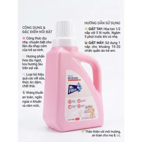 🌟 Nước Giặt Đồ Sơ Sinh Mr. Fresh 1.6L Cute Girl  - An Toàn Cho Bé, Dịu Nhẹ Cho Da