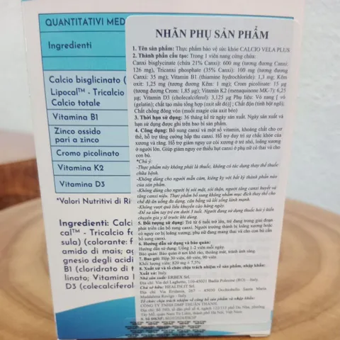 Calcio Vela Hỗ trợ bổ sung Canxi và vitamin D3, K2 cho cơ thể. Hỗ trợ tăng cường hấp thu canxi