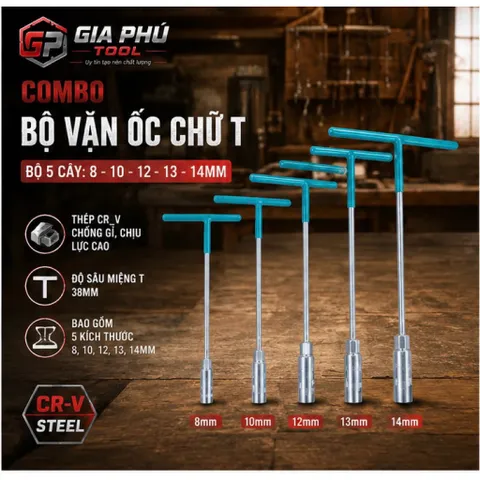 Combo bộ vặn ốc chữ T (bộ điếu T) 5 cây từ 8,10,12,13,14mm 812126