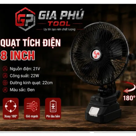 Quạt tích điện có xoay, 22cm, pin 10 cell (gồm quạt, pin, sạc) 812128