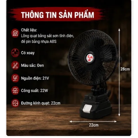 Quạt tích điện có xoay, 22cm, pin 10 cell (gồm quạt, pin, sạc) 812128