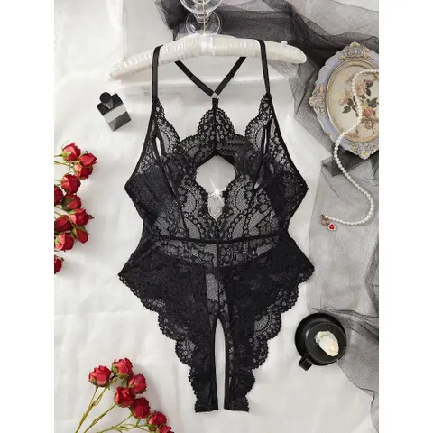 Bodysuit Ren Hoa Xẻ Ngực Đồ Ngủ Liền Thân Hở Đũng - N940 Đen
