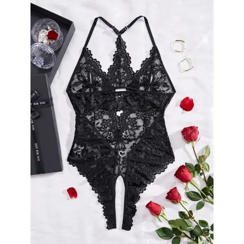 Bodysuit Ren Hoa Xẻ Ngực Đồ Ngủ Liền Thân Hở Đũng - N940 Đen