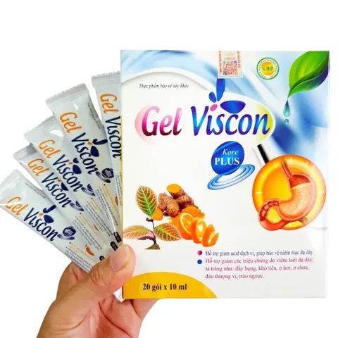 Gel Viscon Kore Plus (Hộp 20 gói) hỗ trợ làm giảm acid dịch vị và bảo vệ niêm mạc dạ dày.