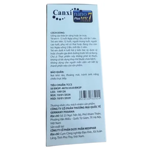 Viên uống Canxi Nano Plus MK7 (Chai 30 viên) Hỗ trợ phát triển xương và chiều cao cho trẻ em và giảm nguy cơ loãng xương 812196