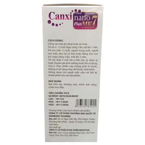 Viên uống Canxi Nano Plus MK7 (Chai 30 viên) Hỗ trợ phát triển xương và chiều cao cho trẻ em và giảm nguy cơ loãng xương 812196