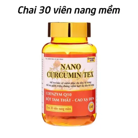 Viên uống NANO CURCUMIN TEX (Chai 30 viên) giúp hỗ trợ giảm các triệu chứng viêm loét dạ dày, tá tràng.
