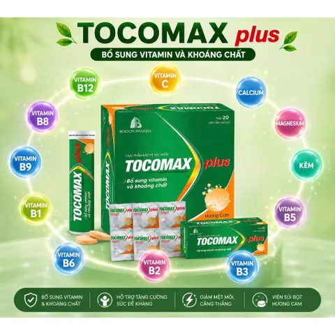 Viên sủi Tocomax Plus Boston Pharma (Tuýp 10 viên) Bổ sung vitamin và khoáng chất, tăng cường sức đề kháng, giảm mệt mỏi