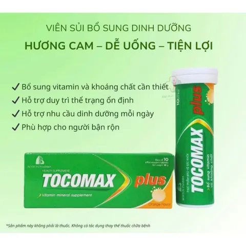 Viên sủi Tocomax Plus Boston Pharma (Tuýp 10 viên) Bổ sung vitamin và khoáng chất, tăng cường sức đề kháng, giảm mệt mỏi