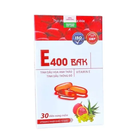 Vitamin E400 BAK E đỏ 400mg (Hộp 30 viên) bổ sung tinh dầu hoa anh thảo, tinh dầu thông đỏ, giúp đẹp da, mờ thâm nám.