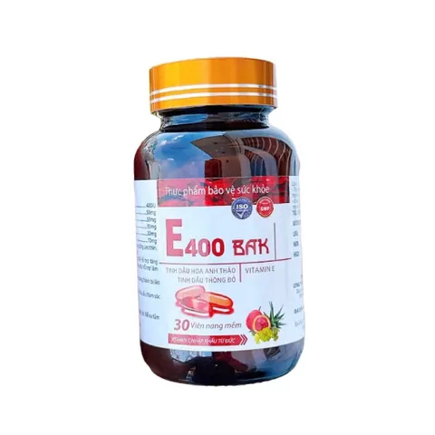 Vitamin E400 BAK E đỏ 400mg (Hộp 30 viên) bổ sung tinh dầu hoa anh thảo, tinh dầu thông đỏ, giúp đẹp da, mờ thâm nám.