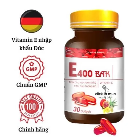 Vitamin E400 BAK E đỏ 400mg (Hộp 30 viên) bổ sung tinh dầu hoa anh thảo, tinh dầu thông đỏ, giúp đẹp da, mờ thâm nám.