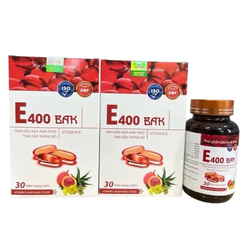 Vitamin E400 BAK E đỏ 400mg (Hộp 30 viên) bổ sung tinh dầu hoa anh thảo, tinh dầu thông đỏ, giúp đẹp da, mờ thâm nám.