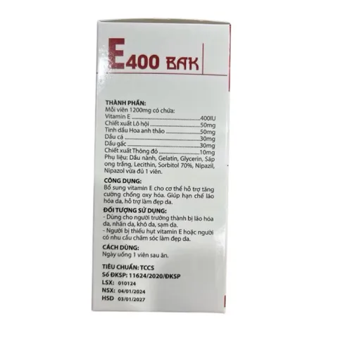 Vitamin E400 BAK E đỏ 400mg (Hộp 30 viên) bổ sung tinh dầu hoa anh thảo, tinh dầu thông đỏ, giúp đẹp da, mờ thâm nám.