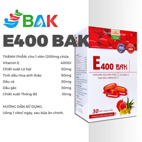Vitamin E400 BAK E đỏ 400mg (Hộp 30 viên) bổ sung tinh dầu hoa anh thảo, tinh dầu thông đỏ, giúp đẹp da, mờ thâm nám.