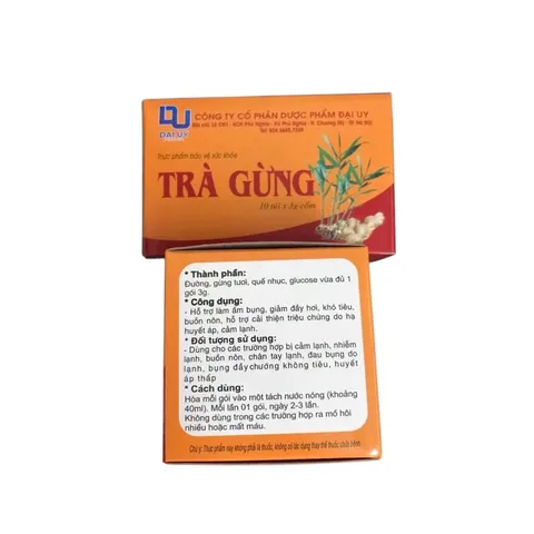 TRÀ GỪNG ĐẠI UY (Hộp 10 gói x 3g) Hỗ trợ làm ấm bụng, giảm đầy hơi, khó tiêu, buồn nôn, giúp giải cảm lạnh.