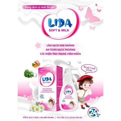 Dung dịch vệ sinh bé gái LIDA Soft & Milk (Chai 70ml) Làm sạch nhẹ nhàng, cải thiện tình trạng viêm ngứa, sạch thoáng.