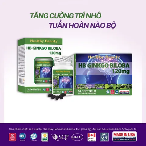 Viên uống bổ não HB GINKGO BILOBA 120mg (Hộp 30 viên) Giúp tăng cường trí nhớ, tăng tuần hoàn máu não giúp giảm stress.