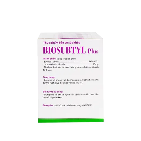 Men vi sinh dạng gói BIOSUBTYL Plus (Hộp 25 gói) Bổ sung lợi khuẩn và Lysine giúp cần bằng hệ vi sinh đường ruột.