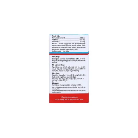 Viên uống bổ máu FEFRAROVIT (Hộp 100 viên) Bổ sung sắt, acid folic, vitamin B12, giảm nguy cơ thiếu máu do thiếu sắt.