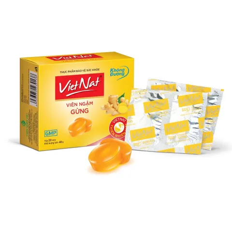 Viên Ngậm Gừng VietNat Không Đường (Hộp 20 viên) giúp làm ấm cơ thể và hỗ trợ tiêu hóa.