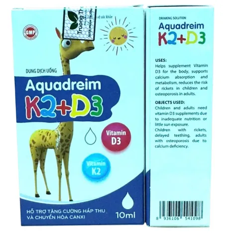 Dung dịch uống Aquadreim K2+D3 (Chai 10ml) Bổ sung Vitamin D3 và K2 để tăng hấp thu canxi, phát triển xương và răng