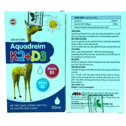 Dung dịch uống Aquadreim K2+D3 (Chai 10ml) Bổ sung Vitamin D3 và K2 để tăng hấp thu canxi, phát triển xương và răng