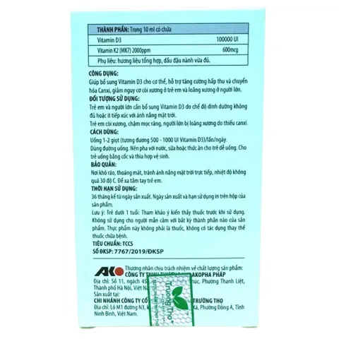 Dung dịch uống Aquadreim K2+D3 (Chai 10ml) Bổ sung Vitamin D3 và K2 để tăng hấp thu canxi, phát triển xương và răng