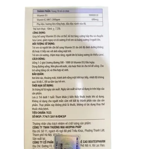 Dung dịch uống Aquadreim K2+D3 (Chai 10ml) Bổ sung Vitamin D3 và K2 để tăng hấp thu canxi, phát triển xương và răng
