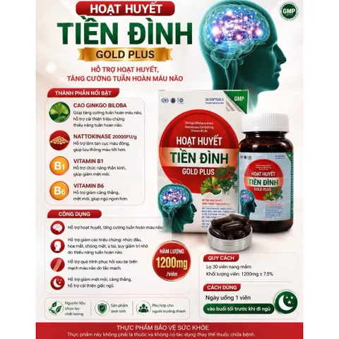 Viên uống Hoạt Huyết Tiền Đình Gold Plus (Chai 30 viên) Hỗ trợ tăng cường tuần hoàn máu não, cải thiện tình trạng đau đầu, mất ngủ