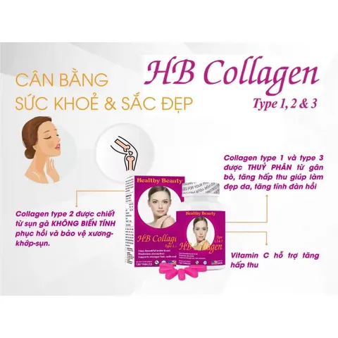 Viên uống đẹp da HB Collagen Type 1,2&3 (Hộp 120 viên) Làm cho da khỏe đẹp, săn chắc, giảm nám và tăng tính năng đàn hồi cho da.