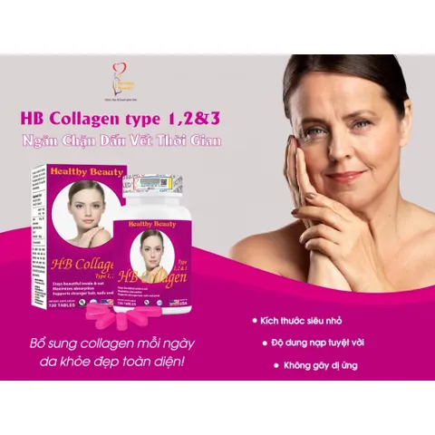 Viên uống đẹp da HB Collagen Type 1,2&3 (Hộp 120 viên) Làm cho da khỏe đẹp, săn chắc, giảm nám và tăng tính năng đàn hồi cho da.