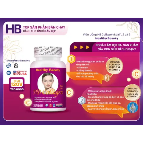 Viên uống đẹp da HB Collagen Type 1,2&3 (Hộp 120 viên) Làm cho da khỏe đẹp, săn chắc, giảm nám và tăng tính năng đàn hồi cho da.