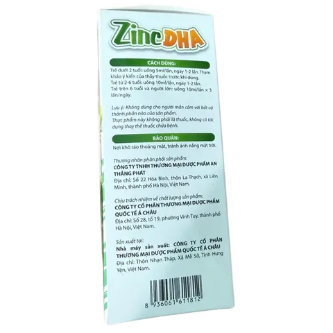 Siro bổ sung kẽm ZinC DHA Kẽm Gluconate (Hộp 20 ống) Hỗ trợ tăng cường hệ miễn dịch, kích thích tiêu hoá giúp bé ăn ngon miệng.