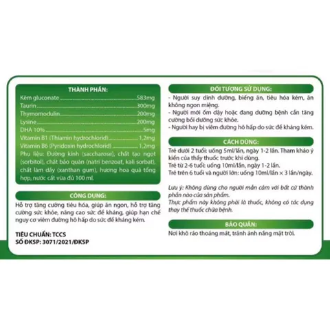 Siro bổ sung kẽm ZinC DHA Kẽm Gluconate (Hộp 20 ống) Hỗ trợ tăng cường hệ miễn dịch, kích thích tiêu hoá giúp bé ăn ngon miệng.