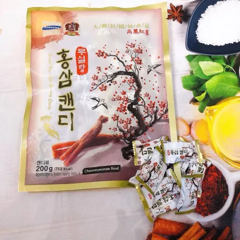 Kẹo hồng sâm không đường Hàn Quốc Cheonnyeonae Food (Bịch 200g) bồi bổ sức khỏe, giảm căng thẳng, thư giãn tinh thần
