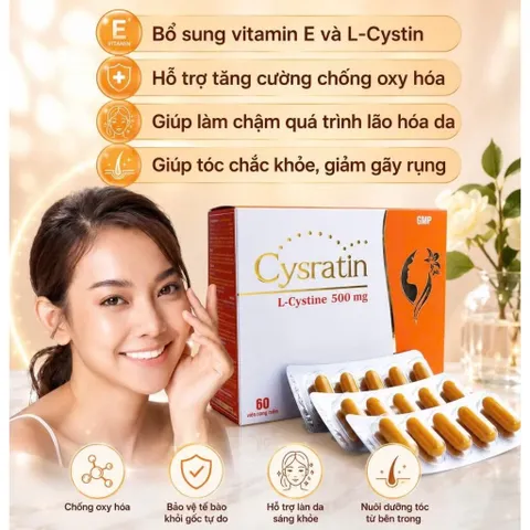 Viên uống Cysratin L-Cystine 500mg (Hộp 60 viên) Hỗ trợ giảm lão hóa, làm đẹp da và giúp tóc chắc khỏe.