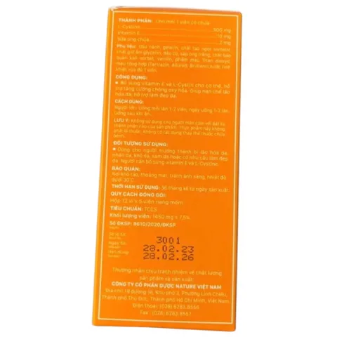 Viên uống Cysratin L-Cystine 500mg (Hộp 60 viên) Hỗ trợ giảm lão hóa, làm đẹp da và giúp tóc chắc khỏe.