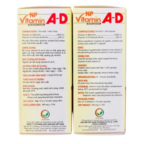 Viên uống NP Vitamin A-D Nature Pharma (Hộp 100 viên) Hỗ trợ cải thiện thị lực, giảm khô mắt, mỏi mắt, giúp chắc xương