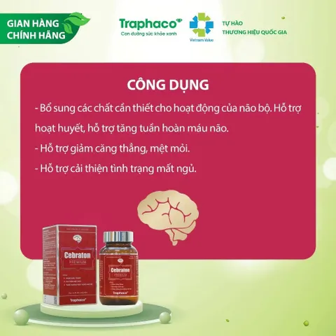 Viên uống Cebraton Premium Traphaco (Hộp 30 viên) Hỗ trợ tăng cường tuần hoàn máu não, giúp giảm đau đầu, chóng mặt, hoa mắt, suy giảm trí nhớ, mất ngủ