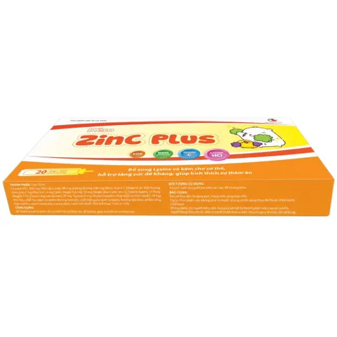 Dung dịch uống bổ sung Kẽm Zinc Plus (Hộp 20 ống) Cải thiện tình trạng biếng ăn và kích thích sự thèm ăn của trẻ em.