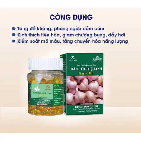 Viên uống Dầu Tỏi Tuệ Linh Garlic Oil (Hộp 100 viên) Hỗ trợ tăng cường sức đề kháng, giảm cholesterol, mỡ máu
