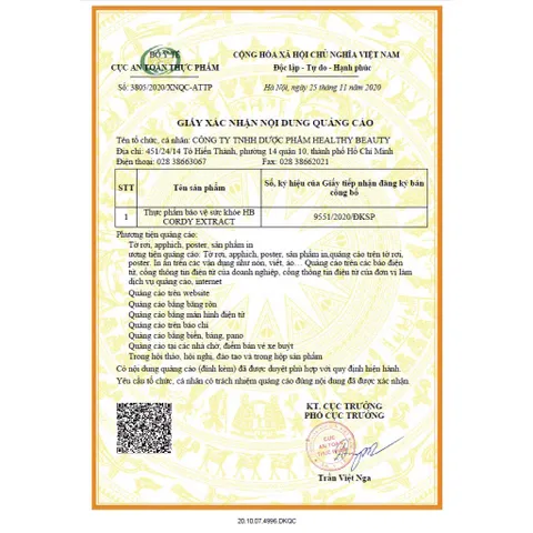 Viên uống HB CORDY EXTRACT (Hộp 60 viên) Giúp bồi bổ khí huyết, hỗ trợ tăng cường sức đề kháng, làm chậm quá trình lão hóa.